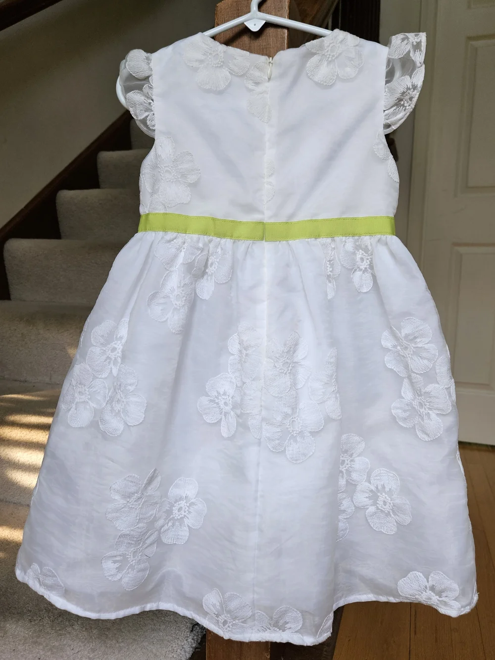 Gymboree White Floral Embroidered Dress with Lime Green Ribbon And Bow - 5T